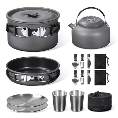 REDCAMP 6/10/11/12/14/15/19 PCS Camping Cookware Mess Kit Camping Gear Campfire Utensils Lightweight Stackable Pot Pan Bowls Soup Spoon with Storage Bag for Camping, Backpacking, Outdoor Cooking - style: Grey,16pcs W/Kettle