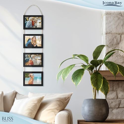 4x6 Wall Hanging Picture Frames Collage with 4 Openings - Basic Black - Casual Style Engineered Wood Frames - Wall Mount Only - Bliss Collection - color: Basic Black, size: 4x6