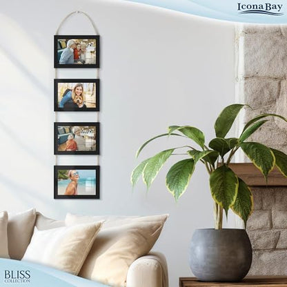 4x6 Wall Hanging Picture Frames Collage with 4 Openings - Basic Black - Casual Style Engineered Wood Frames - Wall Mount Only - Bliss Collection - color: Basic Black, size: 4x6