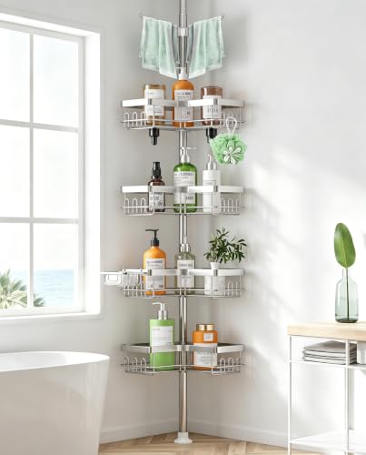Corner Shower Caddy Tension Pole 4 Tier Rustproof Bathroom Organizer Shelves for Inside Shower Bathtub Shampoo Storage,26 to 120 Adjustable Standing Rack with Towel Rack - color: Silver