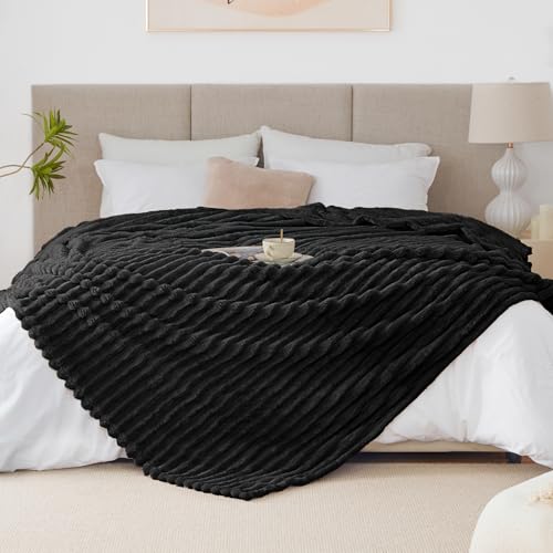 EXQ Home King Size Blanket for Bed or Couch - 3D Stripe Jacquard Decorative Fleece Blankets - Cozy Soft Lightweight Fuzzy Flannel Blanket Suitable for All Seasons(90"×108",Black) - color: Black, size: King