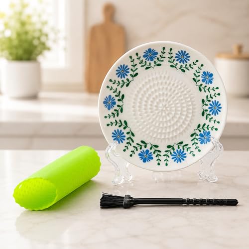 Ceramic Garlic Grater Plate Bowl Tomato Dish Made in Spain Spanish Grating Pan Herb Stripper Peeler Con Tomate Grater Plate Brush Stand Kitchen Gadget Gift Set Ginger Olive Oil Dip(#J) - color: #J