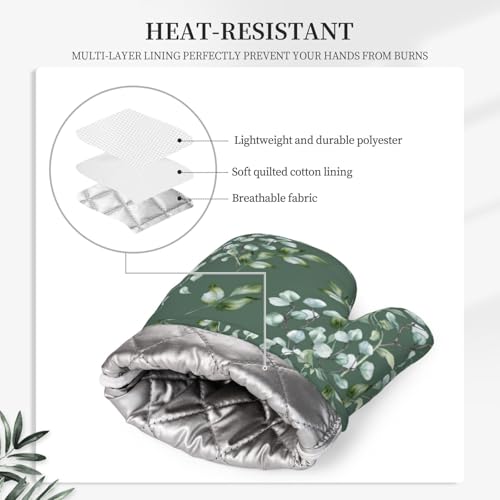 Sage Green Eucalyptus Oven Mitts and Pot Holders Sets for Kitchen Silicone Watercolor Leaves Branches and Holly Leaves Oven Gloves Oven Mitts with 2 Non-Slip Pads Kitchen Gloves for Cooking - color: Sage Green