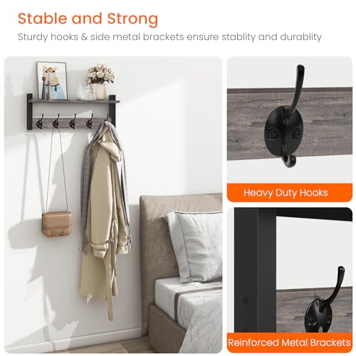Wall Hooks with Shelf, Coat Rack Wall Mount, Entryway Shelf with Hooks for Clothes, Backpack, Key, Purse - Rustic Grey - color: Rustic Grey, size: 17.1 Inch Long
