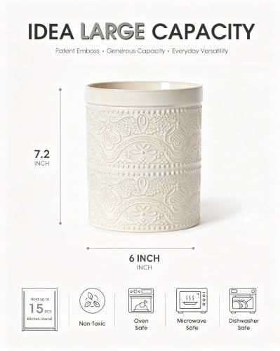 Kitchen Utensil Holder, 7.2" Super Large Utensil Crock Heavy and Stable Lace Emboss Ceramic Utensil Holder for Kitchen Counter (Lace Emboss) - color: Antique White