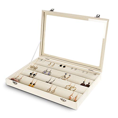 Frebeauty64 Slots Earring Organizer,Velvet Jewelry Tray with Clear Lid | Velvet Lining,Dustproof,Lockable,Drawer Jewelry Organizer,Earring Storage for Studs,Jewelry Display Case,Glass Lid - color: Beige, size: 64 Slots