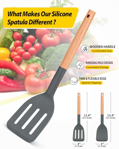 Pack of 2 Silicone Cooking Spatula, Heat Resistant Solid Turner, Non Stick Slotted Spatulas with Wooden Short Handle,Ideal Wood Kitchen Utensils Set for Frying, Baking, Flipping, Turning - color: Dark Gray