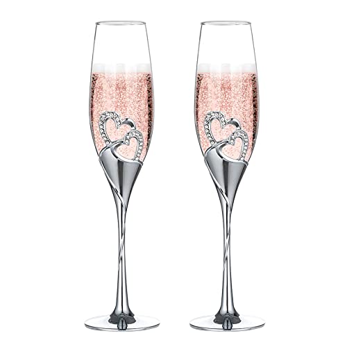 NUPTIO Gold Crystal Champagne Flutes, Wedding Gifts for Couple, Set of 2 | 6.76oz Rhinestone Rimmed Heart Toasting Glasses, Wine Cups for Anniversary, Engagement, Valentine's Day, Bridal Shower - color: Silver