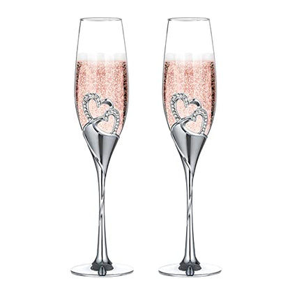 NUPTIO Gold Crystal Champagne Flutes, Wedding Gifts for Couple, Set of 2 | 6.76oz Rhinestone Rimmed Heart Toasting Glasses, Wine Cups for Anniversary, Engagement, Valentine's Day, Bridal Shower - color: Silver