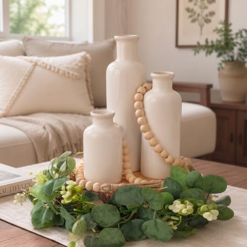 6 Pcs Rustic Table Centerpieces, Set of 3 Boho Ceramic Vases, Wooden Serving Tray, Modern Farmhouse Wood Beads Garland Tassel, Artificial Greenery for Home Coffee Tabletop Decor(White) - color: White