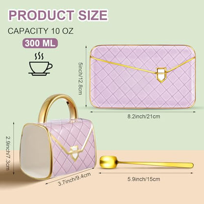 Zubebe 1 Set Coffee Mug Elegant Handbag Shaped Cup Modern Ceramic Purse Mug with Spoon and Saucer, 10oz Cute Creative Tea Cup for Woman Girls Gift (Purple) - color: Purple