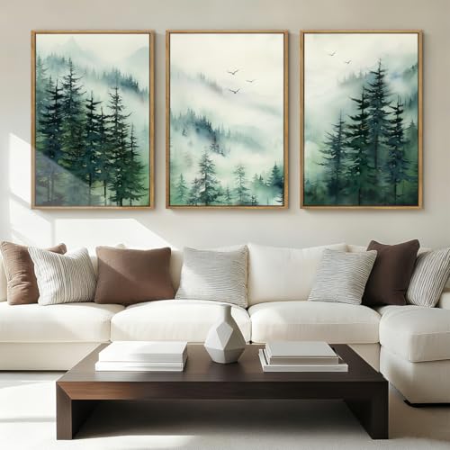 Anyzal Large Foggy Forest Wall Art Decor Framed Abstract Misty Mountain Artwork Prints for Living Room Bedroom Office 16x24 Inch Set of 3 - color: Foggy Forest, size: 24"L x 16"W