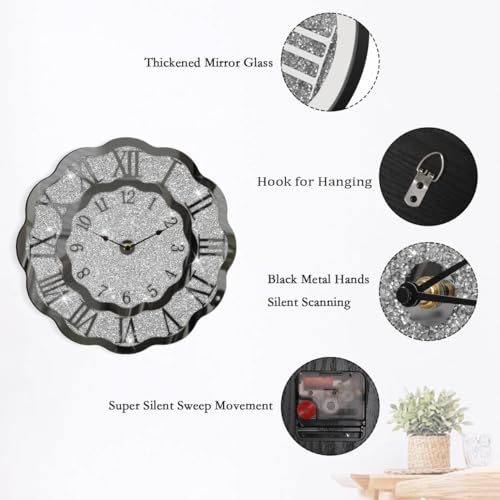 Crushed Diamond Mirrored Wall Clock Silver Modern Crystal Clocks for Bedroom Unique Home Decorative Glass Mirror Hanging Clock for Living Room Office Dining Decor - style: Wave