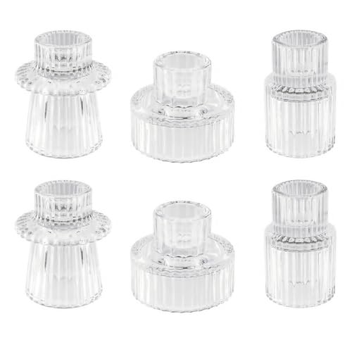 Glass Candlestick Holders, Taper Candle Holders, Set of 6, Clear | Double-sided Crystal-Clear glass taper candle holders for wedding centerpieces,parties,Christmas,Thanksgiving, and home decor - color: Clear, size: 6 PCS