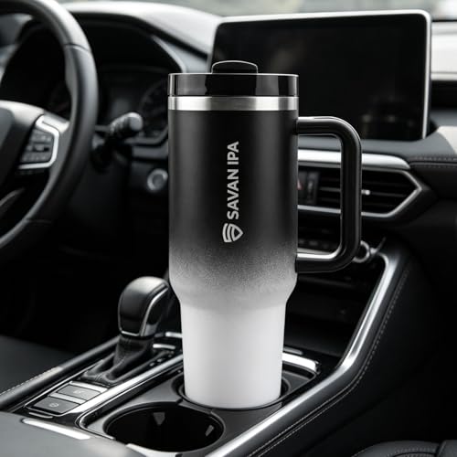 Insulated Tumbler, Black and White, 40 oz | Stainless Steel Vacuum, Handle and Straw, Leak Resistant Lid, Fits Car Cup Holder - color: GRADIENT BLACK, size: 40 oz