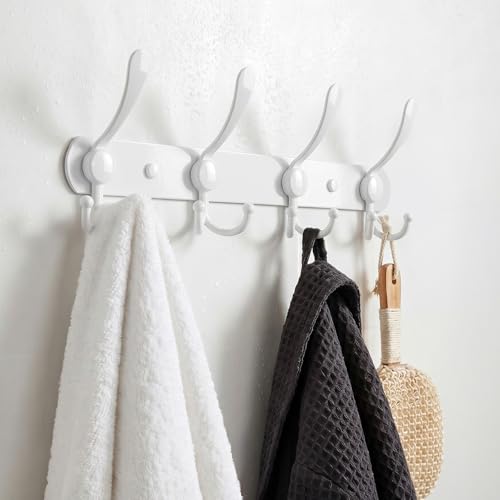 YUNISS Coat Rack Wall Mounted，4 Tri Stainless Steel Coat Hook for Coat Hat Robes Towel in Mudroom Entryway (White, 2 Pack 4) - color: White, size: 2 Pack 4