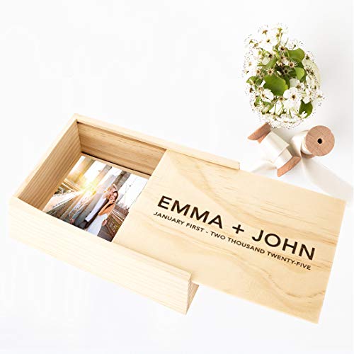 Koyal Wholesale Custom Engraved Minimal Couple Names Wedding Keepsake Box, 4 x 6 -inch, Custom Date, Natural Wood Keepsake Box with Lid, Gift for Him & Her Photo Album Memory Gift Box - color: Minimal Couple Names