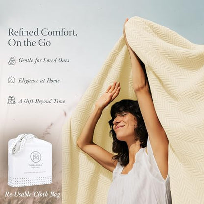 Threadmill Luxury Cotton Blankets for Queen Size Bed | All-Season 100% Cotton Queen Size Blanket | Herringbone Cozy, Soft Breathable Fall Thermal Blanket fits Full Size Bed | Vanilla Cream | 100% Cotton, Herringbone Pattern, 90x92 in, Breathable, Moisture