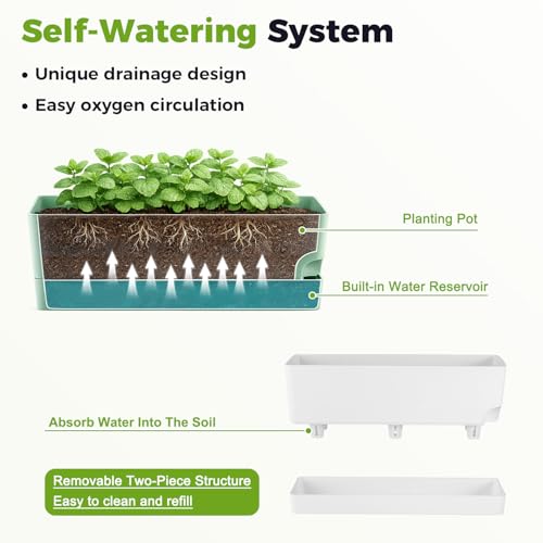 2 Pack Self Watering Pots for Indoor Plants 17 Inches Window Boxes Planters Rectangular Flower Pots Rectangle Herb Pots Large Plant Pots with Drainage Holes and Saucers Windowsill Planter, White - color: White