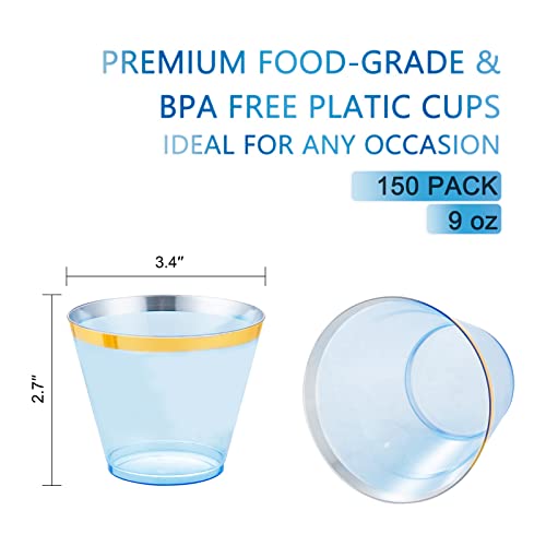 MirthMood 150PCS Blue Plastic Cups,9oz Clear Disposable Cups with Gold Rim | Old Fashioned Tumblers Gold Rimmed Plastic Cups for Any occasion: Weddings, Parties, Business Events - color: Blue