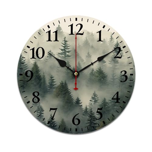 Nature Pine Trees Scenic Foggy Mountain Wooden Wall Clock - Watercolor Misty Plants Smokey Green Modern Wood Clock - Quality Quartz Non-Ticking 12 Inch Round - color: Pattern-6, size: 12 Inch