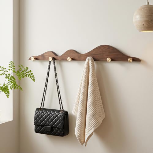 Starry Wood Coat Hooks Wall Mount Wooden Modern Decorative Wall Mount Coat Rack with 6 Gold Brass Hooks Heavy Duty Mounted Entryway Coat Rack for Hanging Coats Keys Hats Towels Bags Purse Walnut - size: 6 Hooks