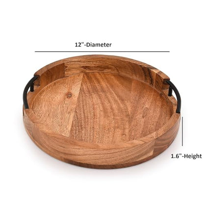 Tray Acacia Wood Round Serving Tray with Iron Handles for Coffee Table Decor Centerpiece Kitchen Counter (12" X 12" X 1.6")