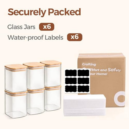 ComSaf Glass Jars with Bamboo Lids 0.8 Qt, Set Of 6 Pantry Galss Jars | Glass Storage Containers with Lid, Pantry Organizer and Storage, Lid with Silicone Seal, Pasta, Spice, Coffee, 27oz, BPA Free - size: 0.8Qt*6