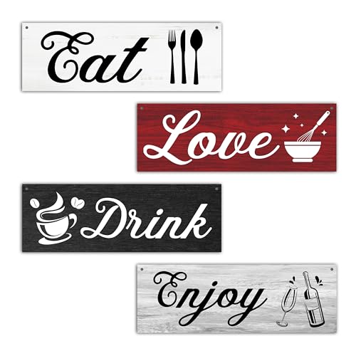 4 Pcs Kitchen Wall Decor Sign, Dining Room Wall Art Decor Gift, Eat Drink Enjoy Love Wooden Hanging Plaque Sign For Farmhouse Home Kitchen Dining Room Coffee Bar Cafe Restaurant -22 - color: Rustic