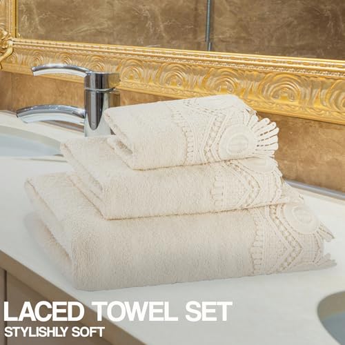 Zahari Home 3 Piece Laced Towel Set - Stylish Soft Plush Cotton Towels with Hand Towel & Washcloth - Highly Absorbent Towels for Bathroom, Gym, Hotel & Spa (Crochet Beige) - color: Crochet-beige