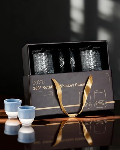 CEEFU 360° Spinning Whiskey Glasses Set with Gift Box, Set of 2 | Rotating Base (2 Crystal Glasses Set, 2 Big Ice Ball Molds) - Bourbon, Cocktail, Rocks, Gifts Ideas for Men, Gem Pattern - size: 9.5 oz-Snowflake Pattern