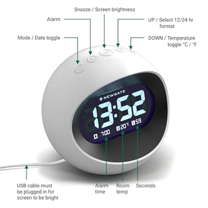 NEWGATE® Centre of the Earth Alarm Clock | Round Retro Digital LCD Clock | White | Ideal for Bedside, Desk or Shelf | Retro Bedroom & Office Accessory - color: White