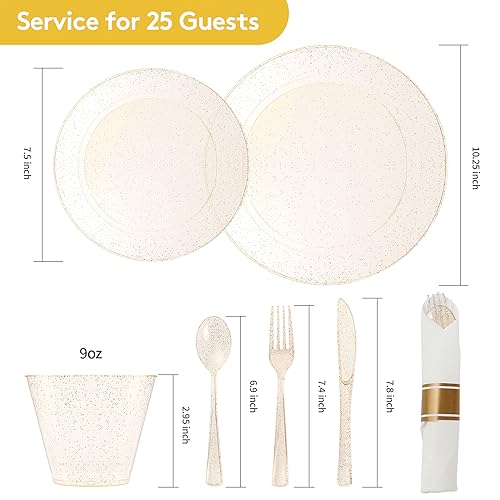 175 Piece Gold Glitter Plastic Dinnerware Set for 25 Guests | Disposable Dinnerware Includes: 25 Dinner Plates, 25 Dessert Plates, 25 Pre Rolled Napkins with Silverware, 25 Cups - color: Gold Glitter, style: 175 Piece (25 guests)