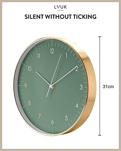 Modern Silent Quartz Wall Clock, 12in, Dark Green & Gold | Simple & Trendy, Gifting ideas, Analog, Easy-to-read, Battery operated, Wall mount, Mantel display, Bedroom, Bathroom - color: Dark Green, 12"