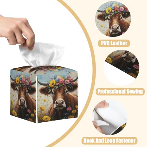 Leather Tissue Box Holder Cow with Flowers Tissue Box Cover Facial Paper Case Organizer Cube Napkin Dispenser for Bathroom Vanity Countertop Night Stand Office Car - color: Cow With Flowers
