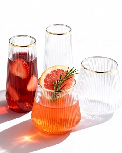 BESTSTAR 48Pack Gold Rim Disposable Ribbed Origami Ripple Plastic Glasses | 24 9 OZ Stemless Champagne Flutes & 24 12OZ Cups, BPA-Free Shatterproof Clear Drinkware for Weddings, Parties & Events - color: Clear Gold Rim Ribbed