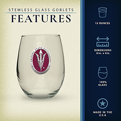 Heritage Pewter Arizona State ASU Sun Devils Stemless Glass Goblets – Set of 2 | 15 OZ Goblet Wine Glasses | Expertly Crafted Pewter Glass - style: Arizona State Fork ER