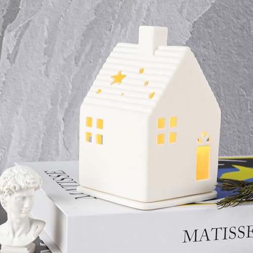 Tea Light House Ceramic White Removable Light House Made of Two Parts for LED Tea Light