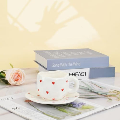 Koythin 10oz Ceramic Mug With Saucer, Small Red Heart Couple Latte Tea Cup | 300ml Heart Pattern Cup, Safe For Microwave & Dishwasher; Couple Cup - color: Small Red Heart