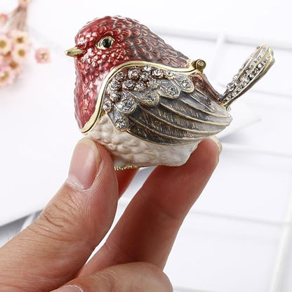 Hand Painted Enamel Hinged Trinket Box, Unique Mini Ring Necklace Jewelry Organizer, Classical Antique Bejeweled Storage, Figurine Collectible Keepsake Home Decor (Robin Bird-Red)