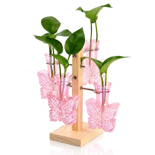 Plant Terrarium Propagation Stations: Pink Vase with Wooden Stand | Irised Crystal Clear Glass, Butterfly Shaped, Home Table Decor, Birthday Gifts for Plant Lovers Women Mom Wife - color: Pink