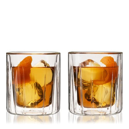 Viski Double Walled Rocks Glasses - Insulated Whiskey Tumblers with Cut Crystal Design - Dishwasher Safe 10.5oz Set of 2 - style: Double Walled Rocks