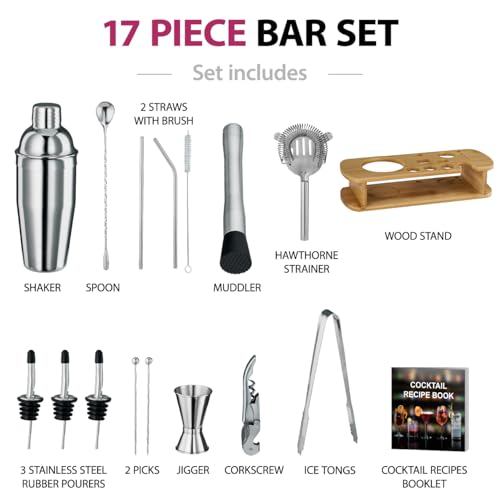 FineDine 17-Piece Stainless Steel Bar Set Cocktail Shaker Set Bartender Kit | Mixology kit, stainless steel bar tools, shaker tins, jigger, strainer, muddler, spoon, pourers, stand, home bartending