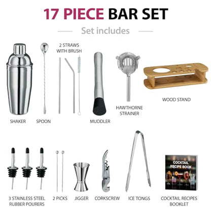 FineDine 17-Piece Stainless Steel Bar Set Cocktail Shaker Set Bartender Kit | Mixology kit, stainless steel bar tools, shaker tins, jigger, strainer, muddler, spoon, pourers, stand, home bartending
