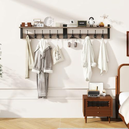 47.2" Coat Rack Wall Mount with Shelf and 10 Hooks, Silver Gray UHWS004Y-2 | 2 Pack Coat Hooks Wall Mount, Wood Wall Mounted Coat Rack with Hooks, Coat Hanger Wall Mount, Wall Hooks for Hanging - color: Silver Gray