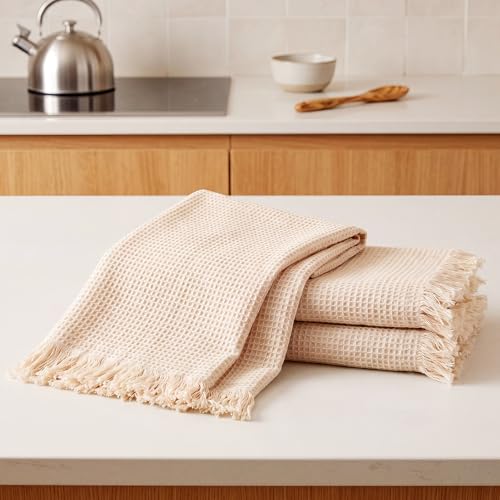 3 Pcs Waffle Kitchen Towels with Tassels Beige Absorbent 100% Cotton Turkish Dish Towels Decorative Boho Farmhouse for Drying Dishes & Home Decoration, 17.7 x 27.6inch