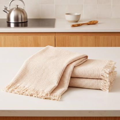 3 Pcs Waffle Kitchen Towels with Tassels Beige Absorbent 100% Cotton Turkish Dish Towels Decorative Boho Farmhouse for Drying Dishes & Home Decoration, 17.7 x 27.6inch