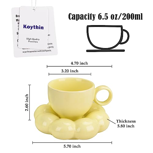 Koythin Ceramic Coffee Mug with Saucer Set, Creative Cute Cup with Sunflower Coaster for Office and Home, Dishwasher and Microwave Safe, 6.5 oz/200 ml for Tea Latte Milk (Lemon Yellow) | 200ml Tiny Floral Cup, Microwave & Dishwasher Safe; Afternoon Tea Cu