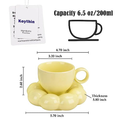 Koythin Ceramic Coffee Mug with Saucer Set, Creative Cute Cup with Sunflower Coaster for Office and Home, Dishwasher and Microwave Safe, 6.5 oz/200 ml for Tea Latte Milk (Lemon Yellow) | 200ml Tiny Floral Cup, Microwave & Dishwasher Safe; Afternoon Tea Cu