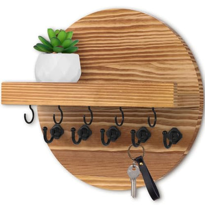 Nekon Key Holder Wall Mount, Key and Mail Organizer for Wall | 9.8 Inch Round Wooden Rustic Wall Organizer for Entryway, Hallway, Kitchen, Office